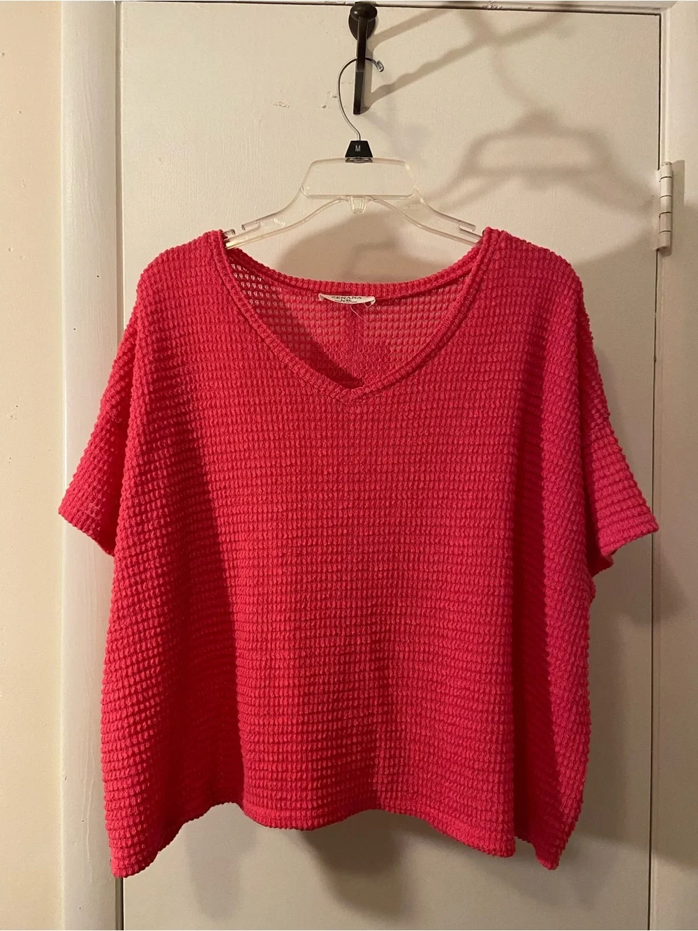 Zena Hot Pink Short-Sleeve Waffle V-Neck Top - Picture 1 of 2